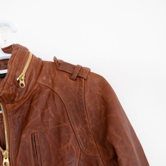 Mackage Brown 100% Leather Designer Zip Up Flap Pocket Hood Biker Jacket XXS - Picture 7 of 16